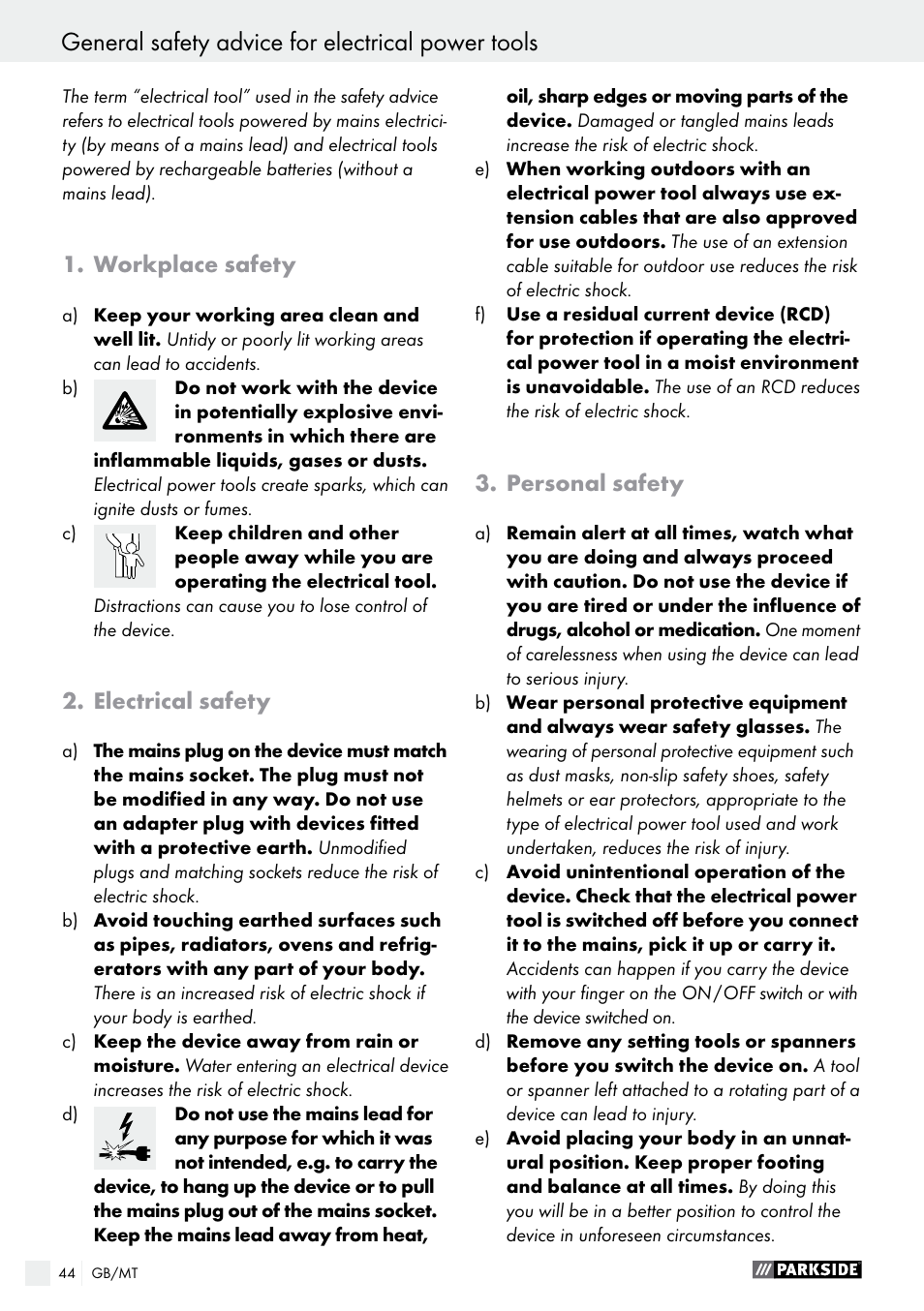 General safety advice for electrical power tools, Workplace safety, Electrical safety | Personal safety | Parkside PABS 18-Li B2 User Manual | Page 44 / 62