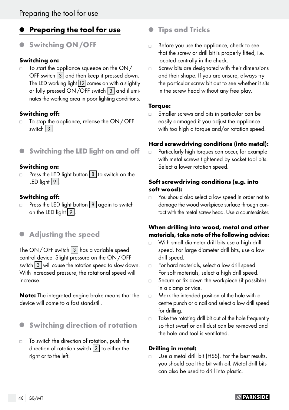 Preparing the tool for use, Switching on /off, Switching the led light on and off | Adjusting the speed, Switching direction of rotation, Tips and tricks | Parkside PABS 18-Li B2 User Manual | Page 48 / 62