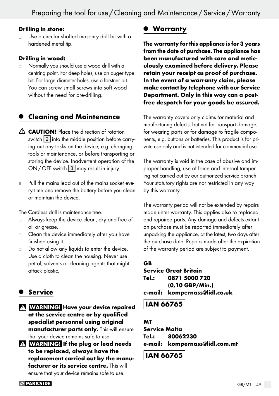 Cleaning and maintenance, Service, Warranty | Parkside PABS 18-Li B2 User Manual | Page 49 / 62