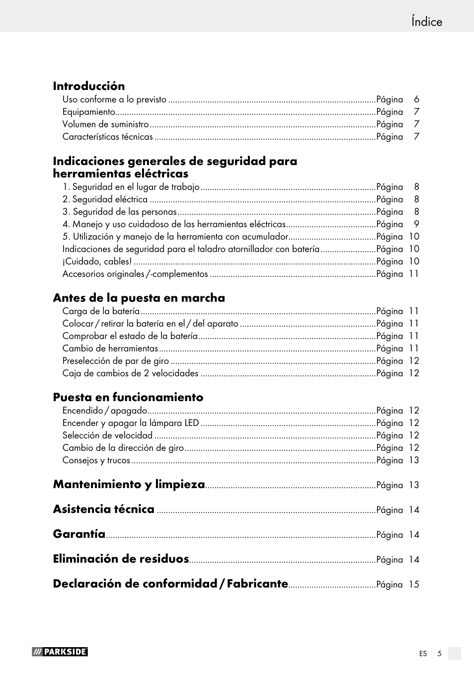 Índice | Parkside PABS 18-Li B2 User Manual | Page 5 / 62