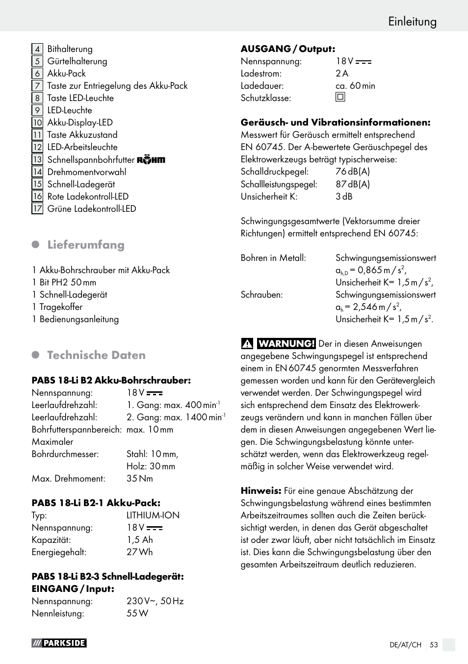 Einleitung, Lieferumfang, Technische daten | Parkside PABS 18-Li B2 User Manual | Page 53 / 62