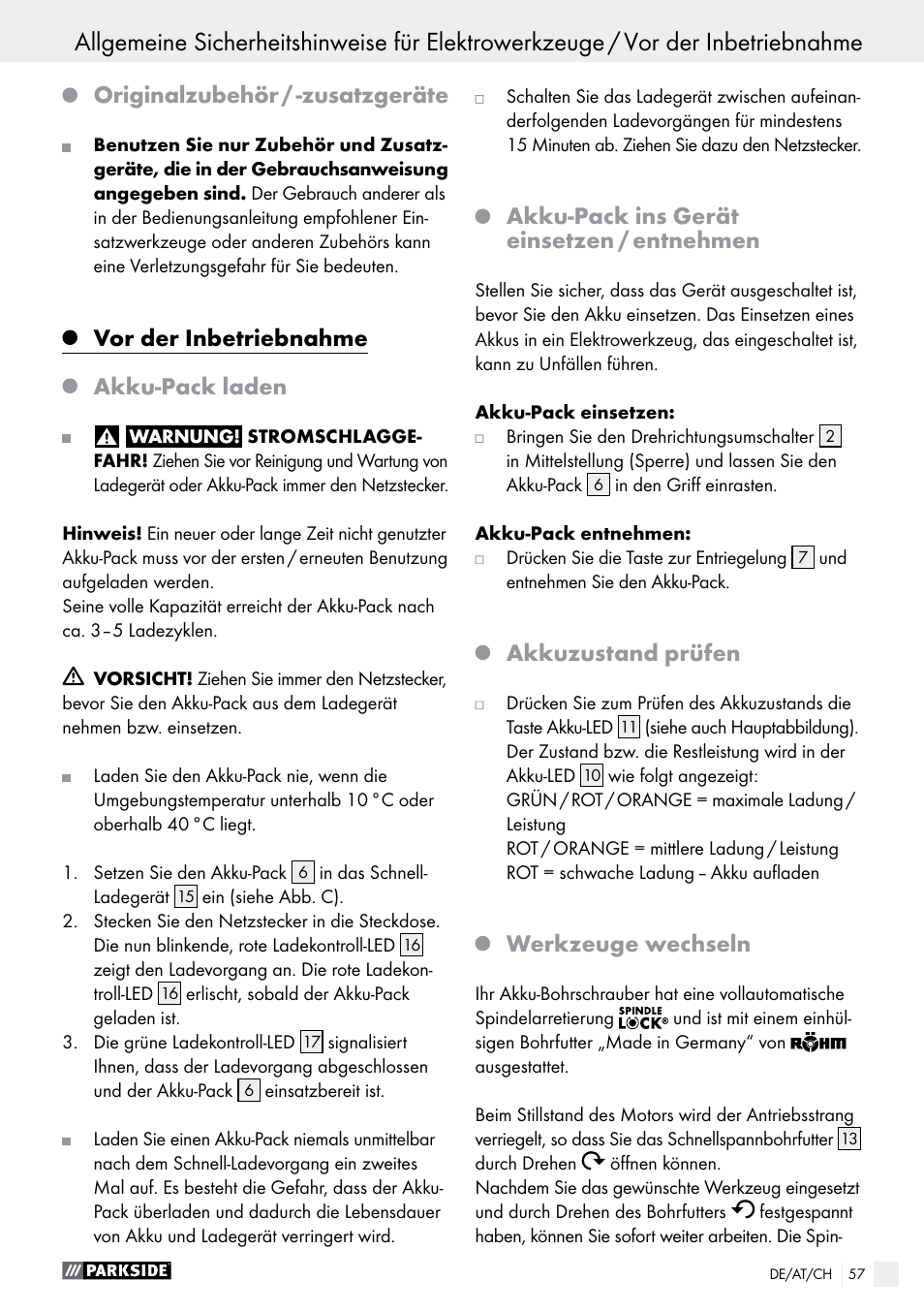 Originalzubehör / -zusatzgeräte, Vor der inbetriebnahme, Akku-pack laden | Akku-pack ins gerät einsetzen / entnehmen, Akkuzustand prüfen, Werkzeuge wechseln | Parkside PABS 18-Li B2 User Manual | Page 57 / 62