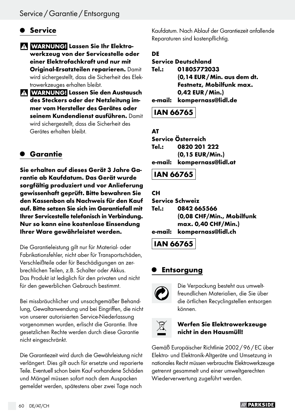 Service, Garantie, Entsorgung | Parkside PABS 18-Li B2 User Manual | Page 60 / 62