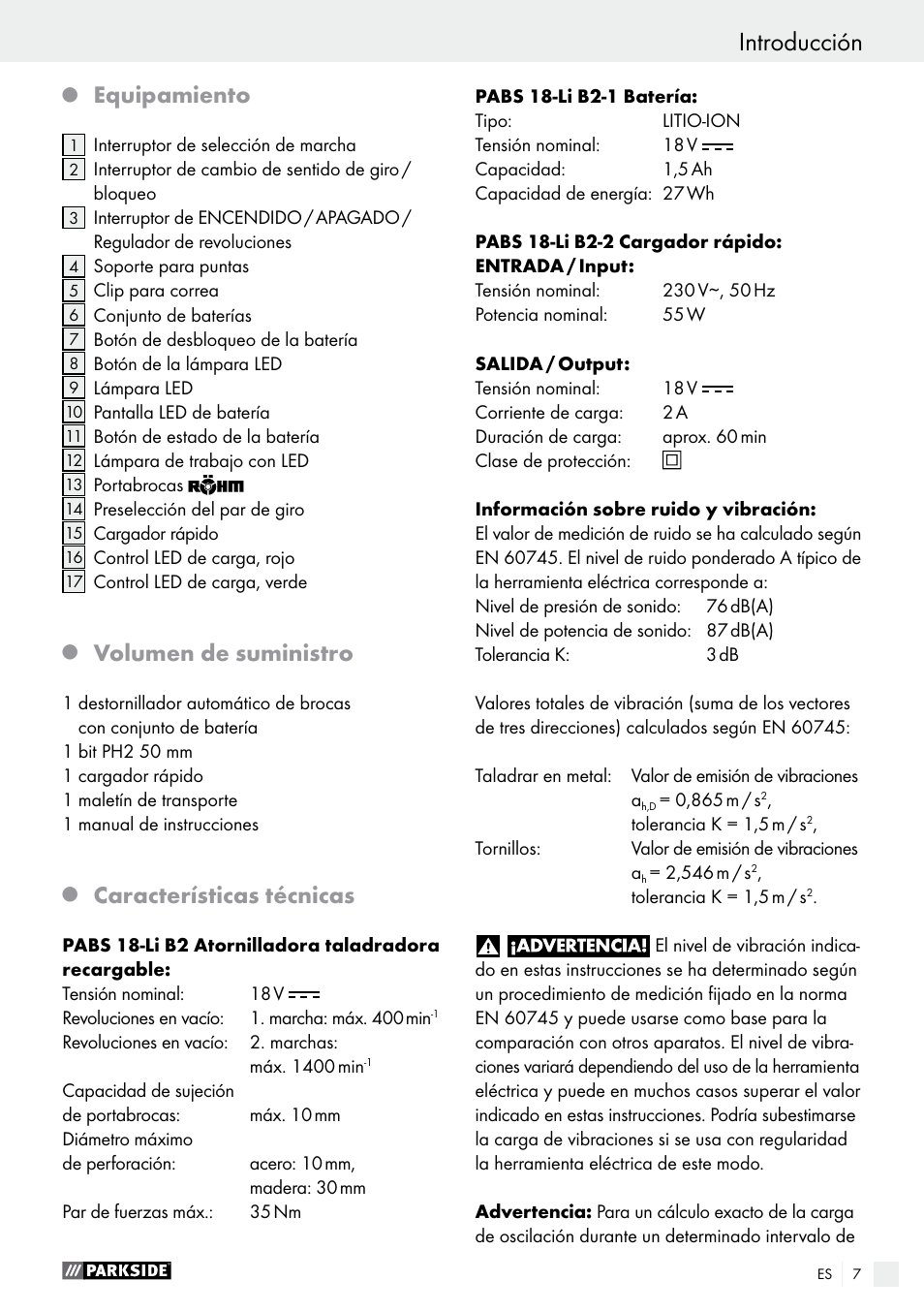 Introducción, Equipamiento, Volumen de suministro | Características técnicas | Parkside PABS 18-Li B2 User Manual | Page 7 / 62