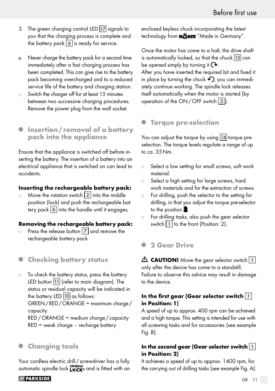 Checking battery status, Changing tools, Torque pre-selection | 2 gear drive | Parkside PABS 18-Li B2 User Manual | Page 11 / 82