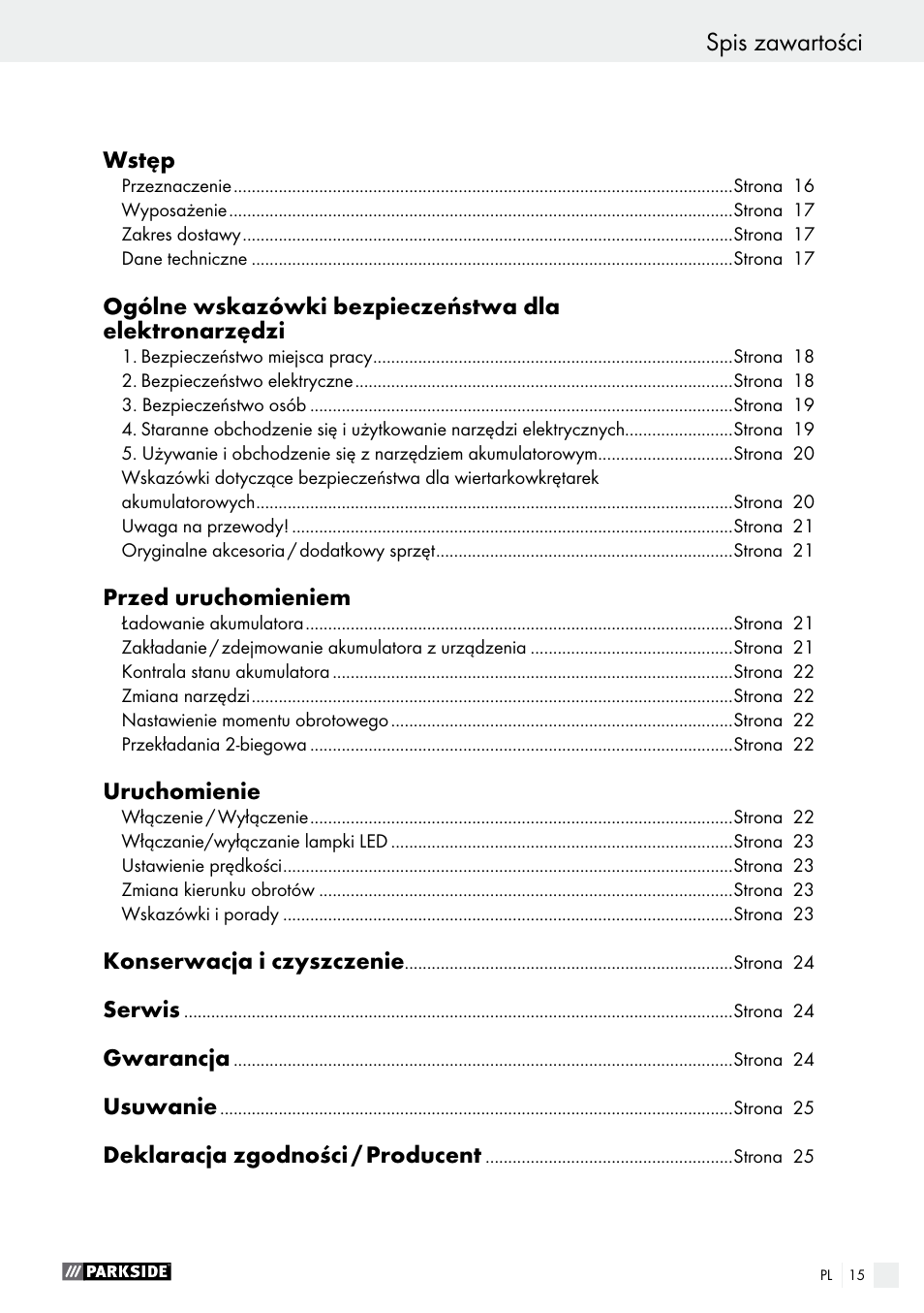 Spis zawartości, Disposal / conformity declaration / manufacturer | Parkside PABS 18-Li B2 User Manual | Page 15 / 82