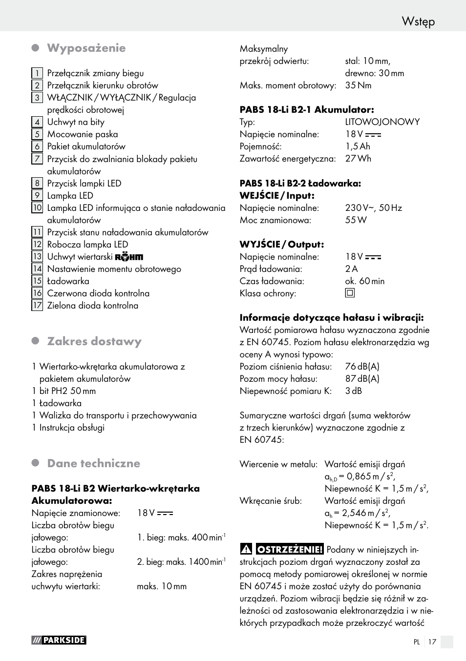 Wstęp, Wyposażenie, Zakres dostawy | Dane techniczne | Parkside PABS 18-Li B2 User Manual | Page 17 / 82