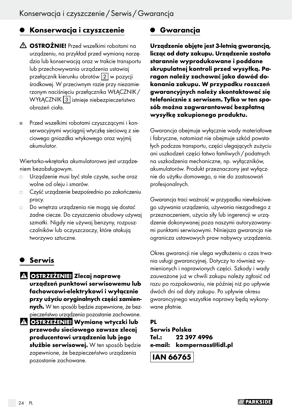 Konserwacja i czyszczenie, Serwis, Gwarancja | Parkside PABS 18-Li B2 User Manual | Page 24 / 82