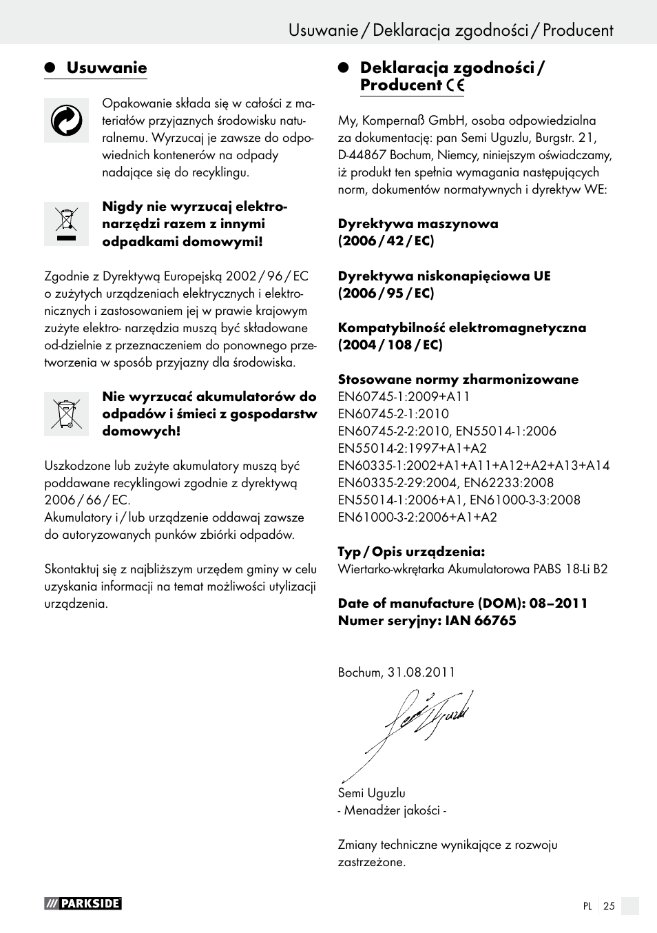 Usuwanie / deklaracja zgodności / producent, Usuwanie, Deklaracja zgodności / producent | Parkside PABS 18-Li B2 User Manual | Page 25 / 82