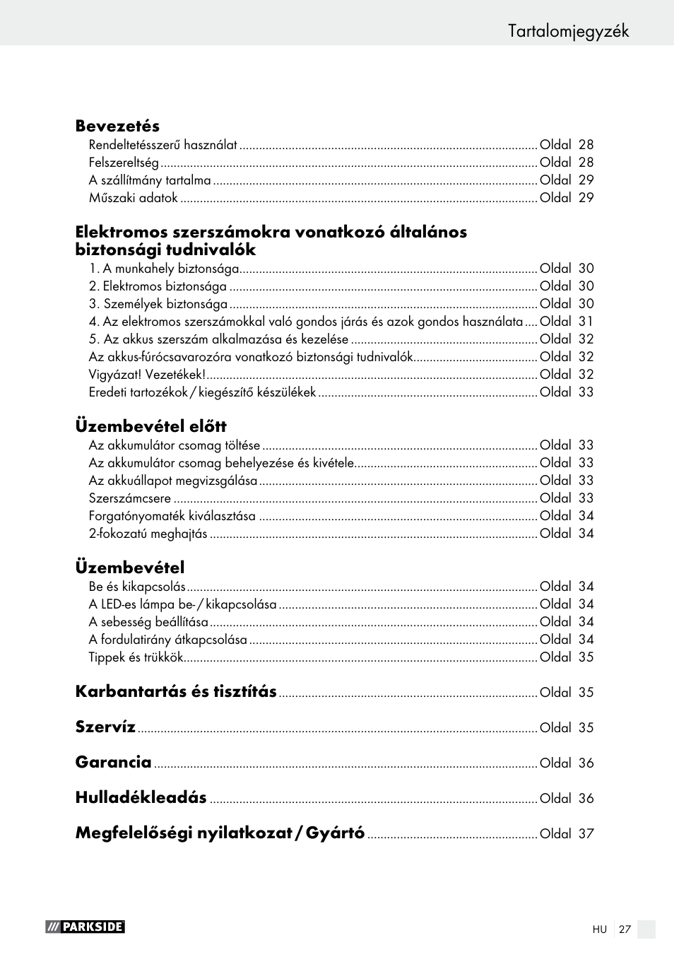 Tartalomjegyzék | Parkside PABS 18-Li B2 User Manual | Page 27 / 82