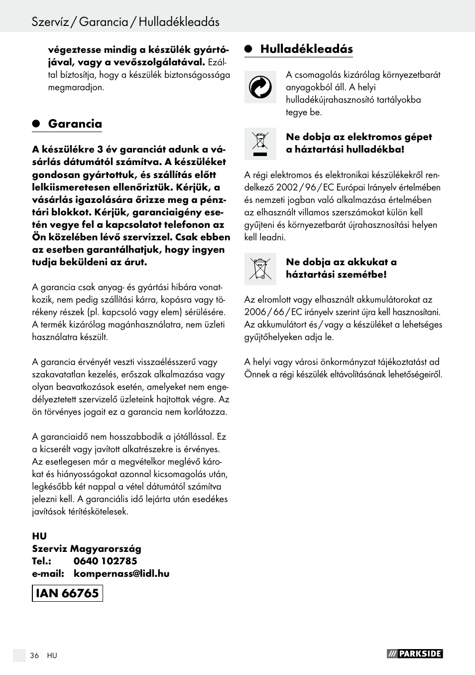 Garancia, Hulladékleadás | Parkside PABS 18-Li B2 User Manual | Page 36 / 82