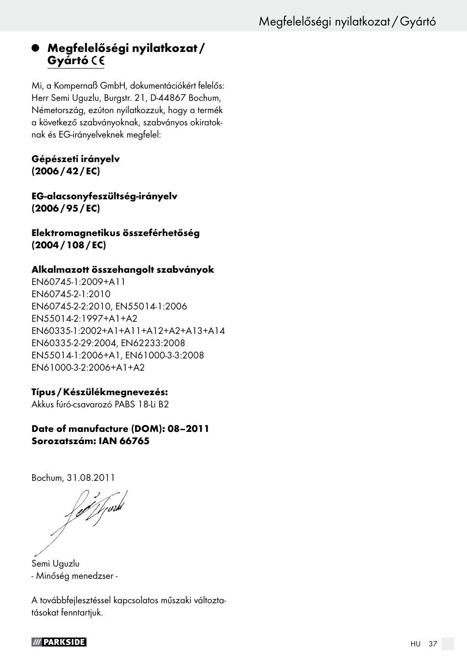 Megfelelőségi nyilatkozat / gyártó, Szervíz / garancia / hulladékleadás | Parkside PABS 18-Li B2 User Manual | Page 37 / 82