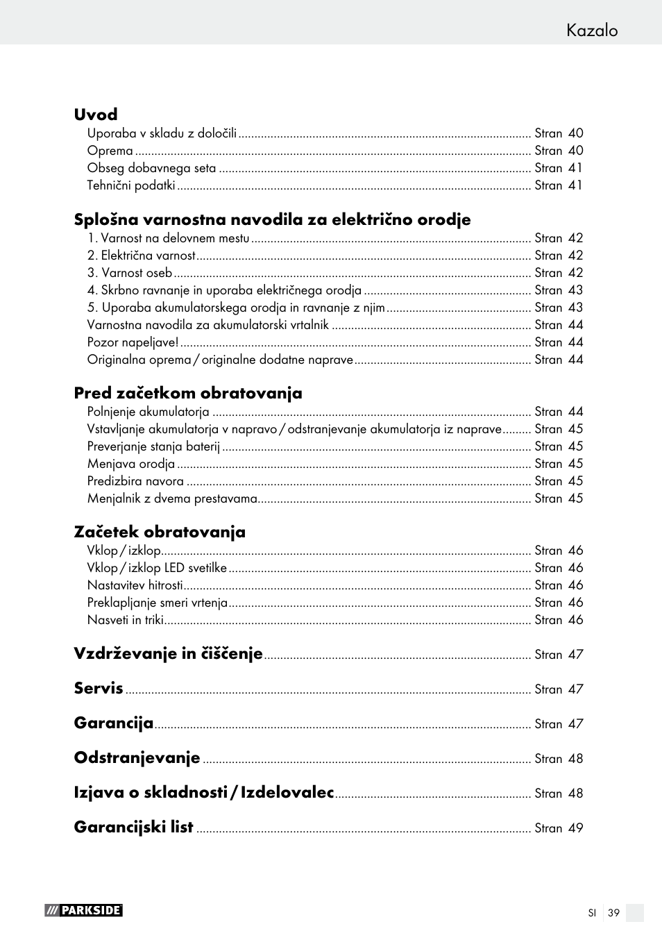 Kazalo | Parkside PABS 18-Li B2 User Manual | Page 39 / 82