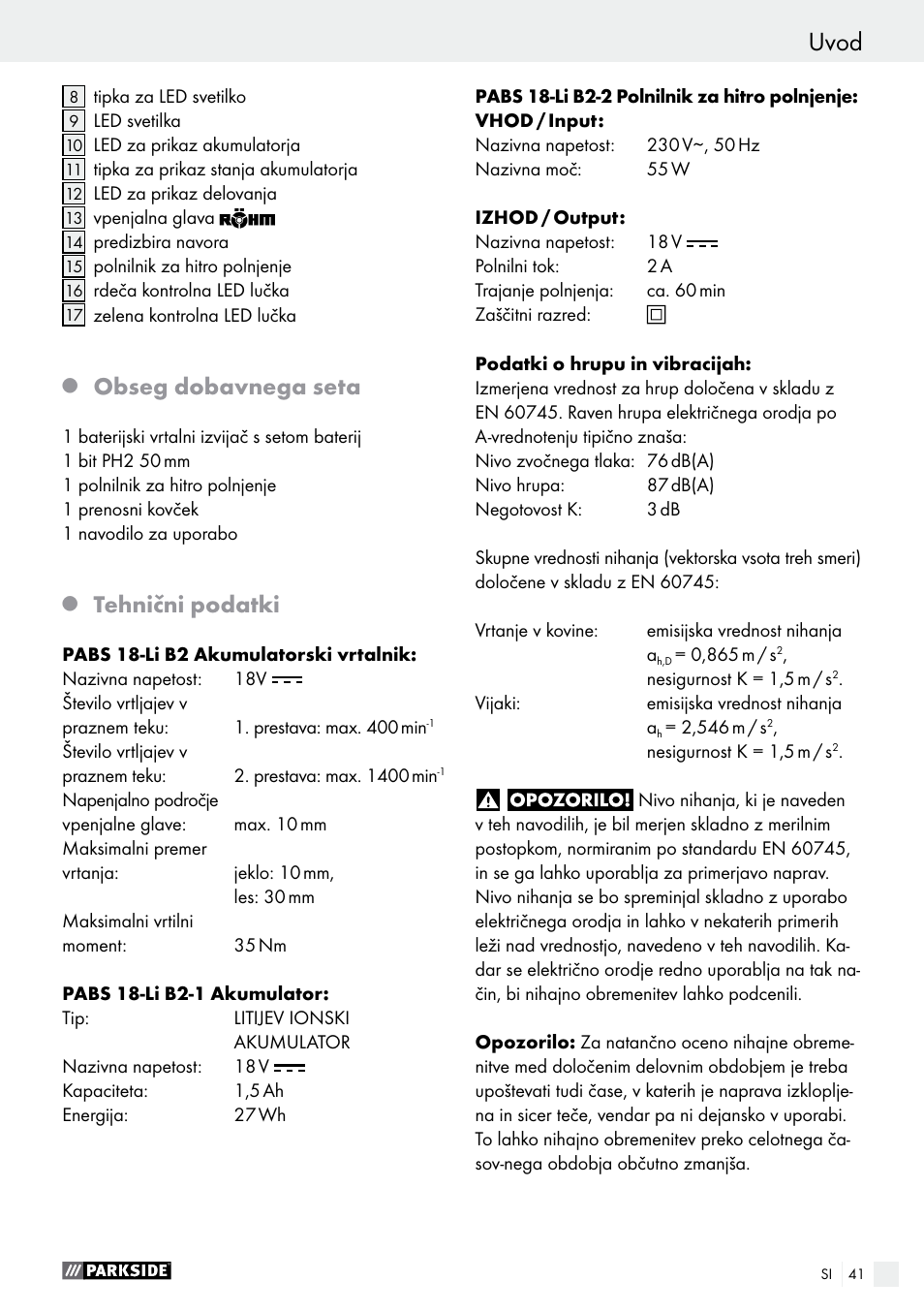 Uvod, Obseg dobavnega seta, Tehnični podatki | Parkside PABS 18-Li B2 User Manual | Page 41 / 82