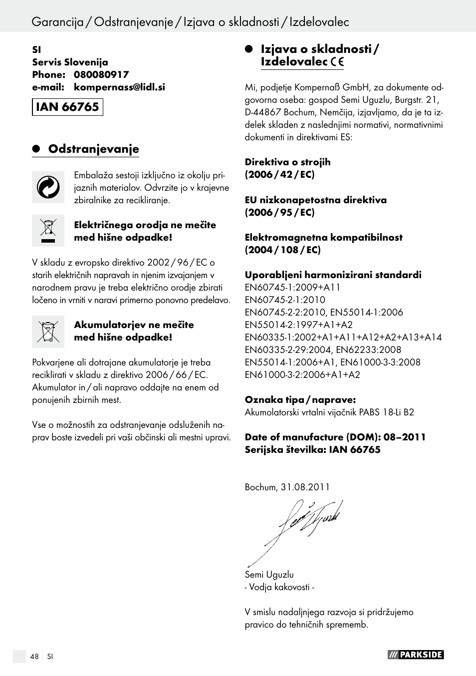 Odstranjevanje, Izjava o skladnosti / izdelovalec | Parkside PABS 18-Li B2 User Manual | Page 48 / 82