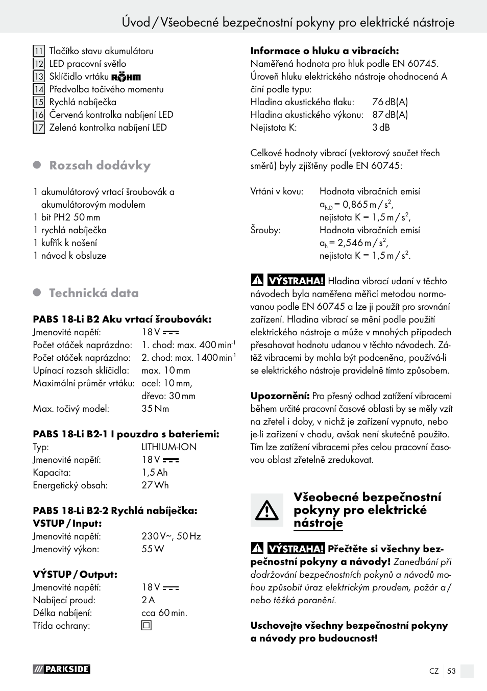 Úvod, Rozsah dodávky, Technická data | Parkside PABS 18-Li B2 User Manual | Page 53 / 82