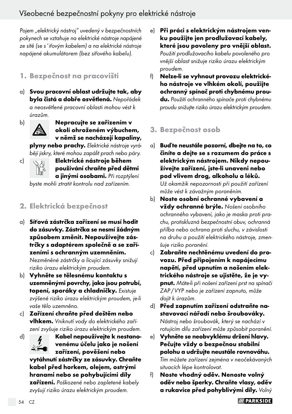 Bezpečnost na pracovišti, Elektrická bezpečnost, Bezpečnost osob | Parkside PABS 18-Li B2 User Manual | Page 54 / 82