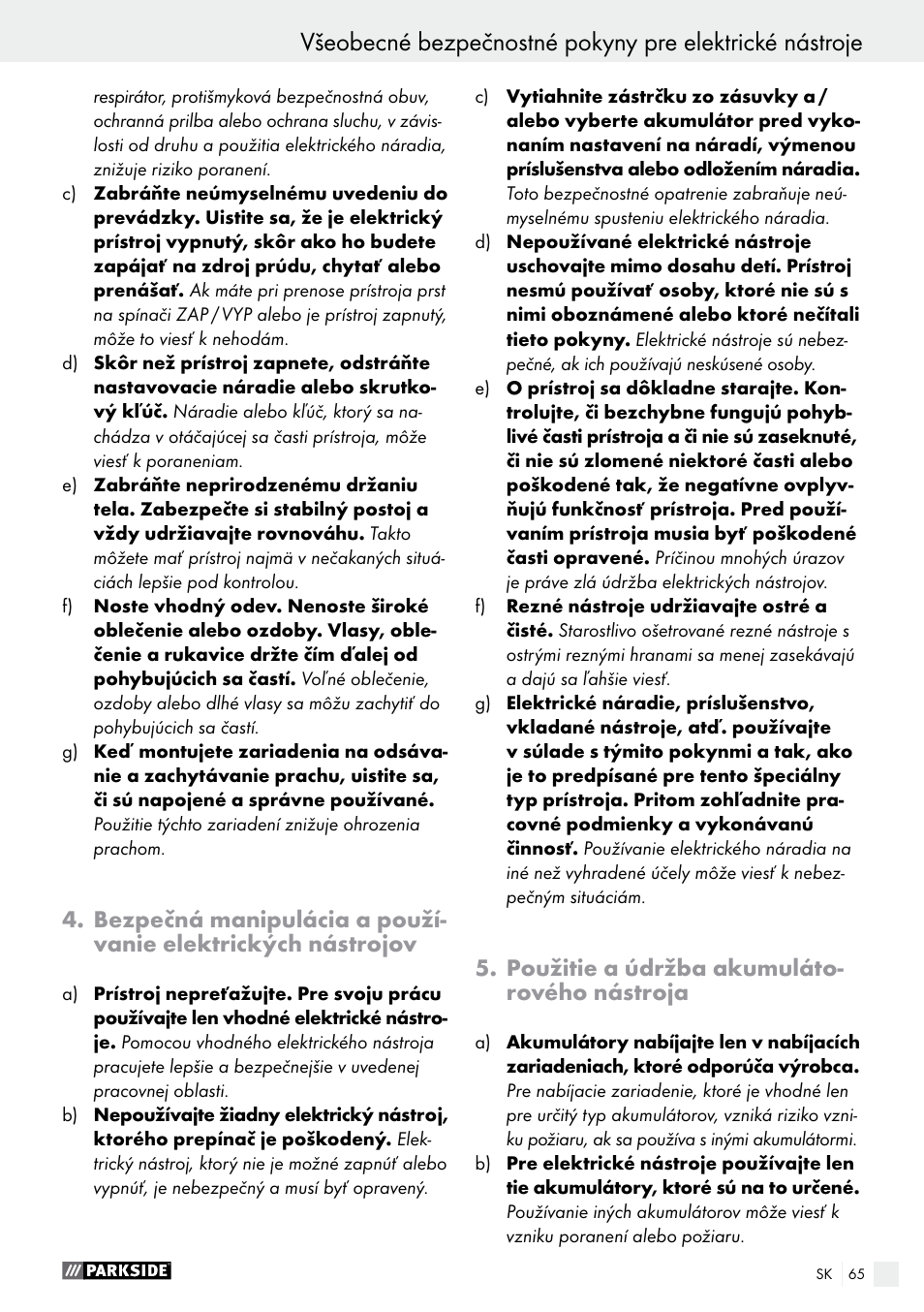 Použitie a údržba akumuláto- rového nástroja | Parkside PABS 18-Li B2 User Manual | Page 65 / 82