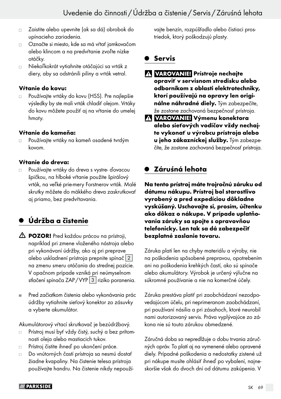 Pred uvedením do činnosti / uvedenie do činnosti, Údržba a čistenie, Servis | Záruśná lehota | Parkside PABS 18-Li B2 User Manual | Page 69 / 82