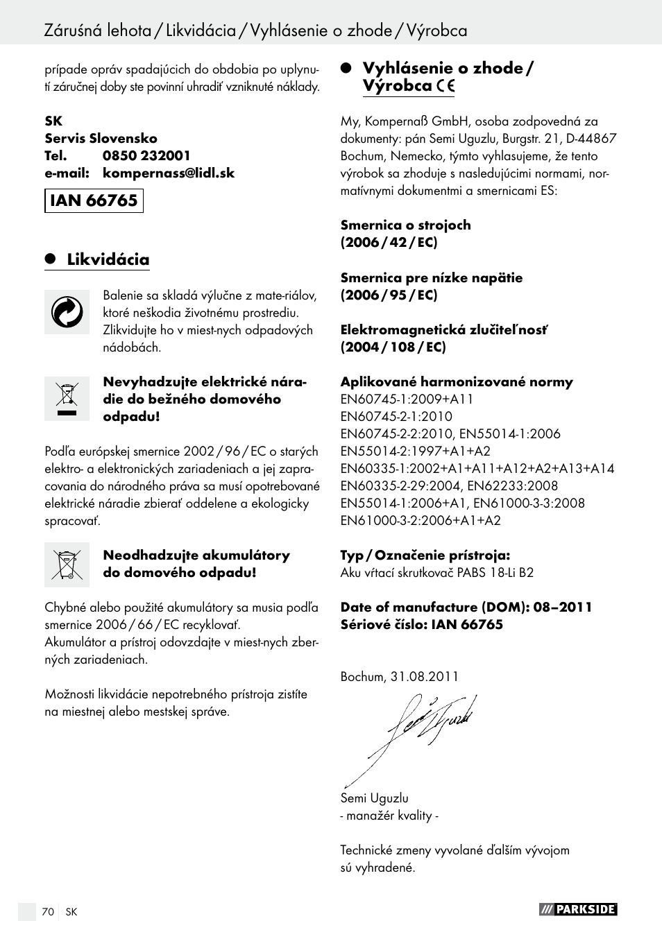 Likvidácia, Vyhlásenie o zhode / výrobca | Parkside PABS 18-Li B2 User Manual | Page 70 / 82