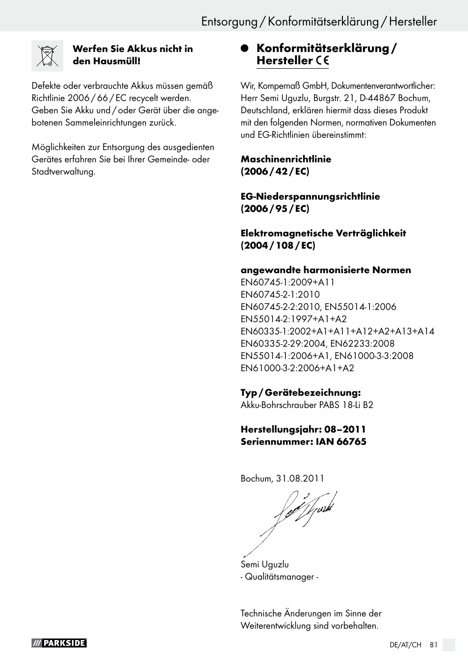Konformitätserklärung / hersteller | Parkside PABS 18-Li B2 User Manual | Page 81 / 82