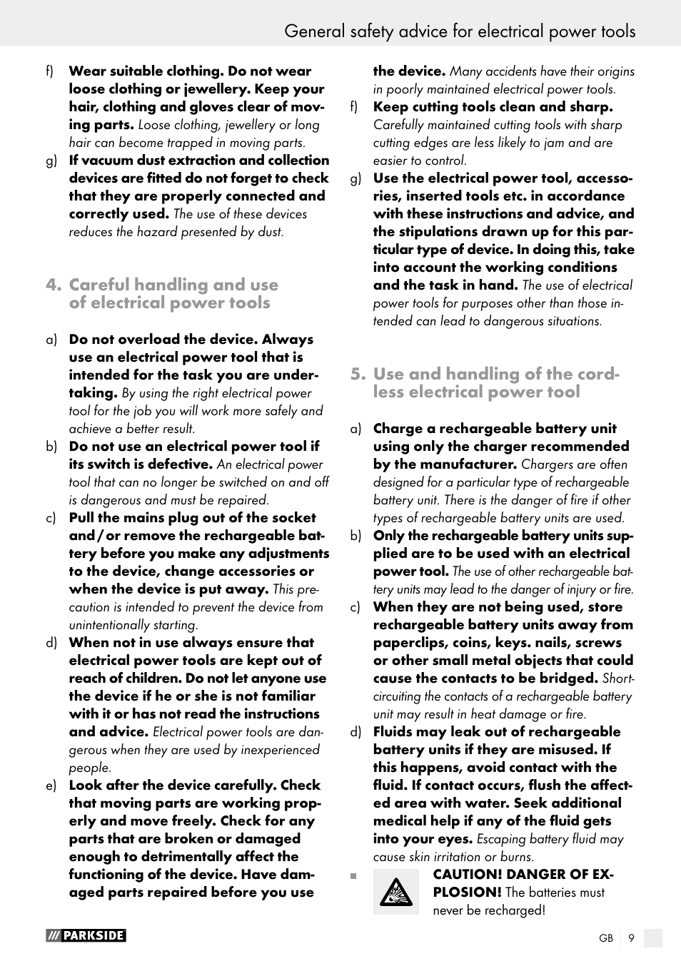 General safety advice for electrical power tools, Careful handling and use of electrical power tools | Parkside PABS 18-Li B2 User Manual | Page 9 / 82