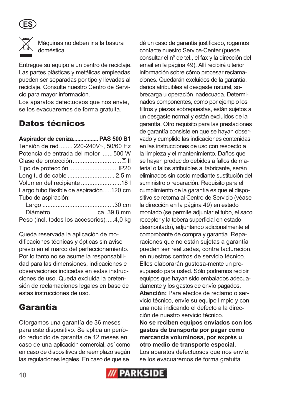 Datos técnicos, Garantía | Parkside PAS 500 B1 User Manual | Page 10 / 50