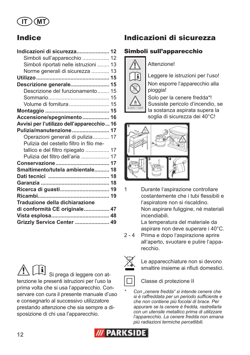Indice, Indicazioni di sicurezza, It mt | Parkside PAS 500 B1 User Manual | Page 12 / 50