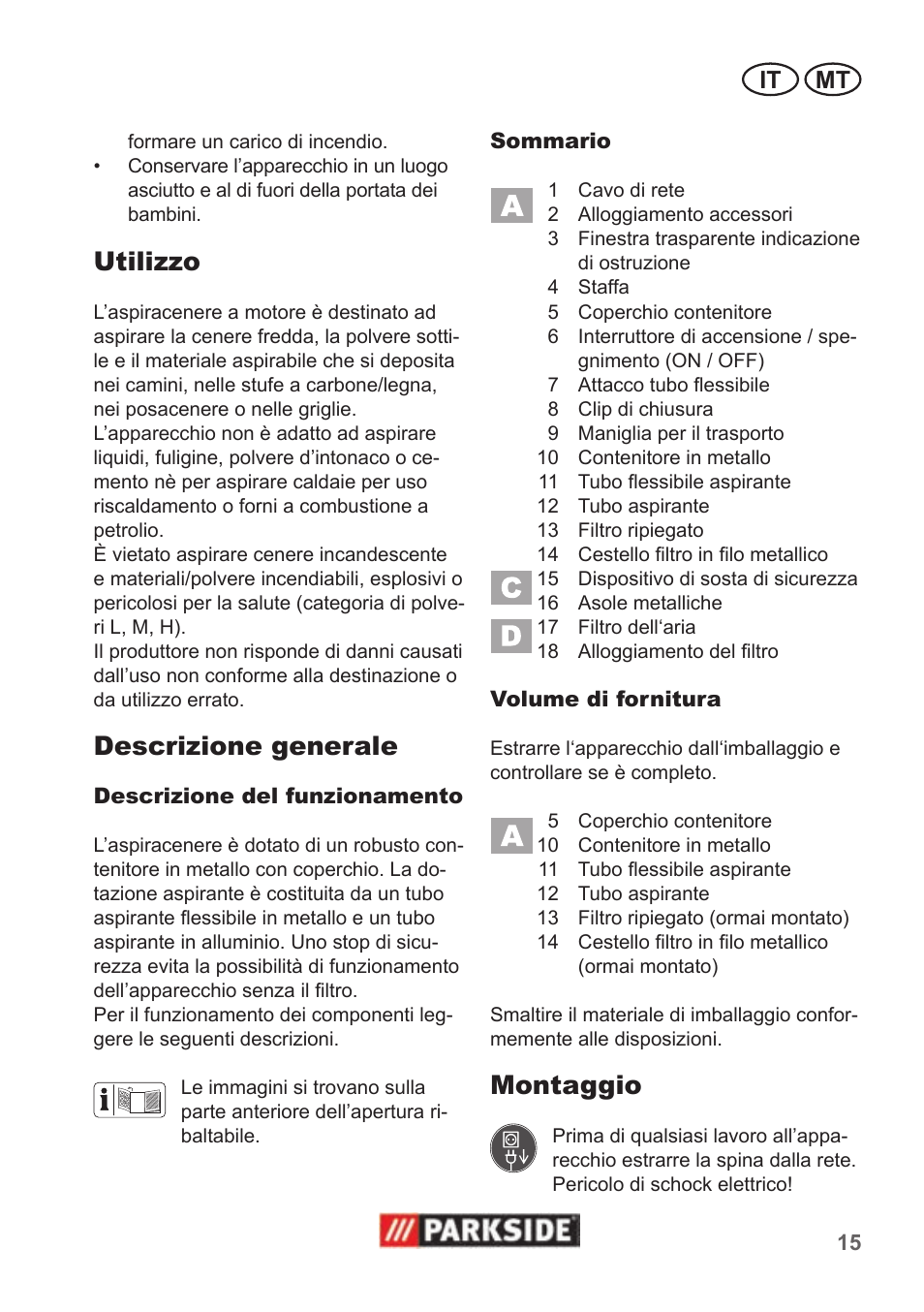 Utilizzo, Descrizione generale, Montaggio | It mt | Parkside PAS 500 B1 User Manual | Page 15 / 50