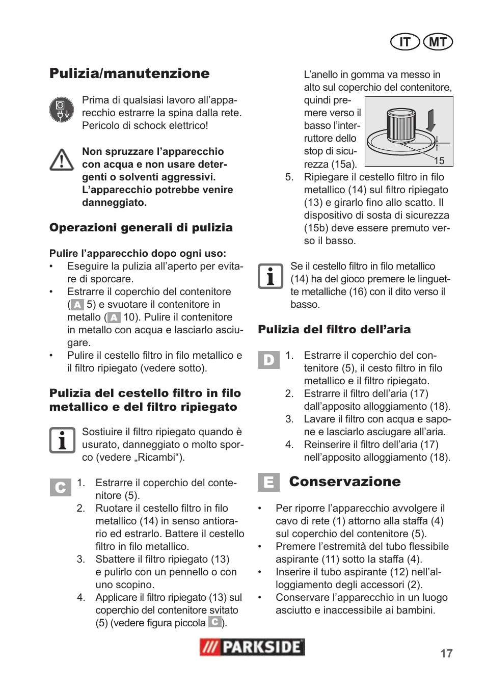 Pulizia/manutenzione, Conservazione, It mt | Parkside PAS 500 B1 User Manual | Page 17 / 50