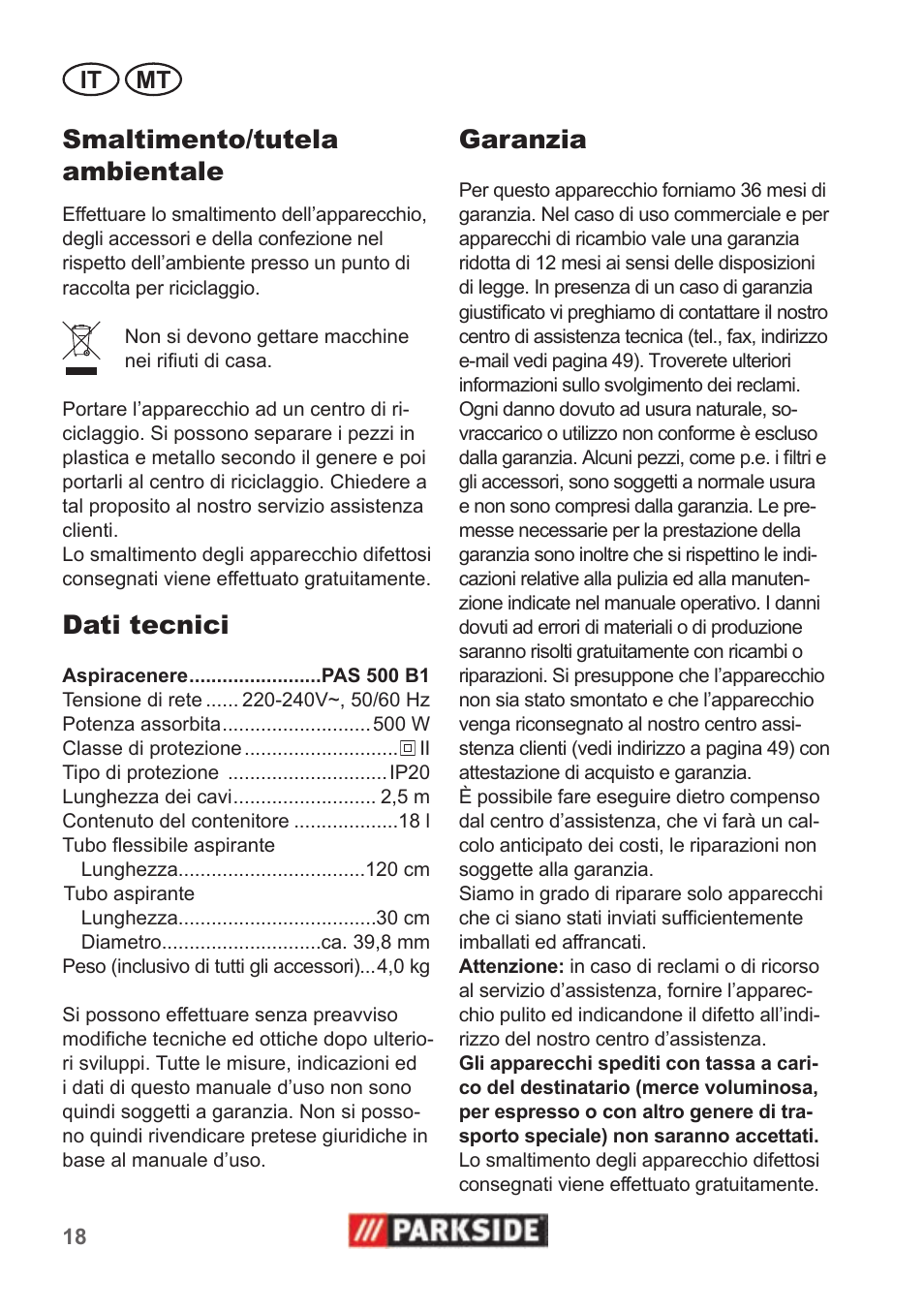 Smaltimento/tutela ambientale, Dati tecnici, Garanzia | It mt | Parkside PAS 500 B1 User Manual | Page 18 / 50