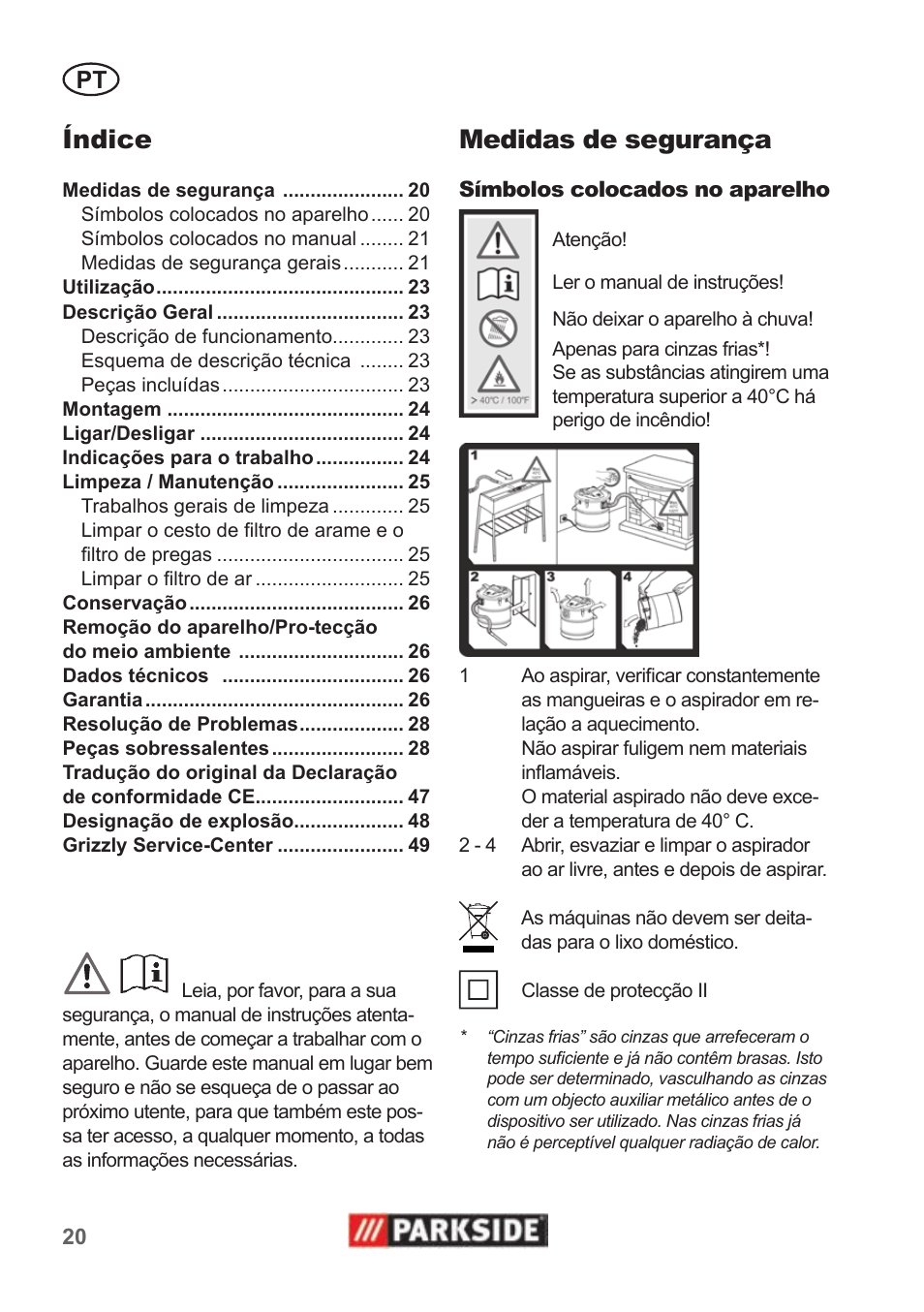 Índice, Medidas de segurança | Parkside PAS 500 B1 User Manual | Page 20 / 50