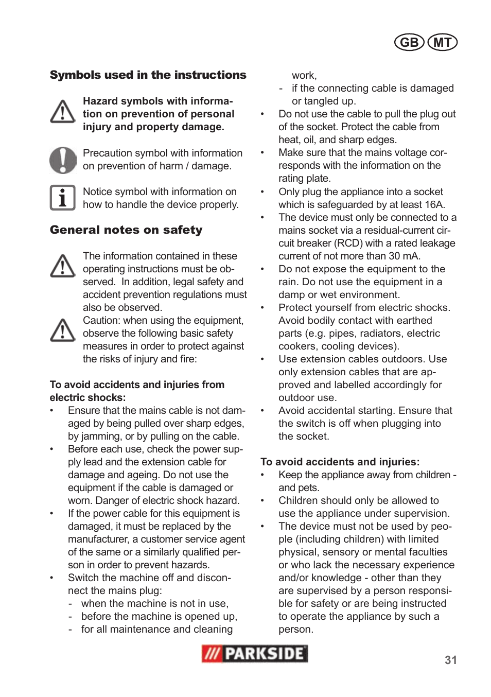 Gb mt | Parkside PAS 500 B1 User Manual | Page 31 / 50