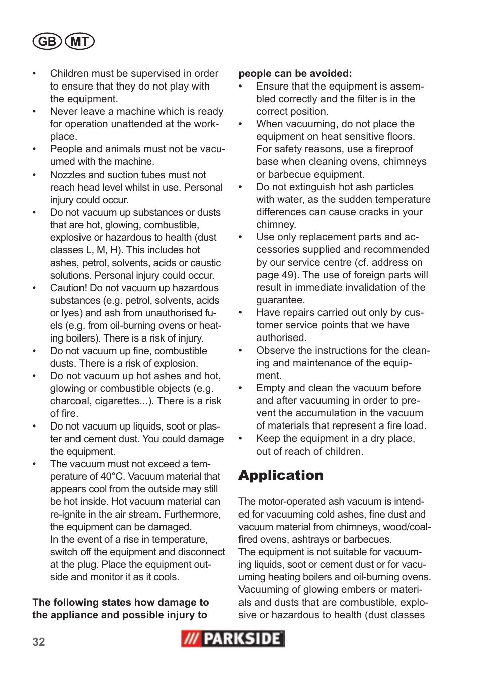 Application, Gb mt | Parkside PAS 500 B1 User Manual | Page 32 / 50