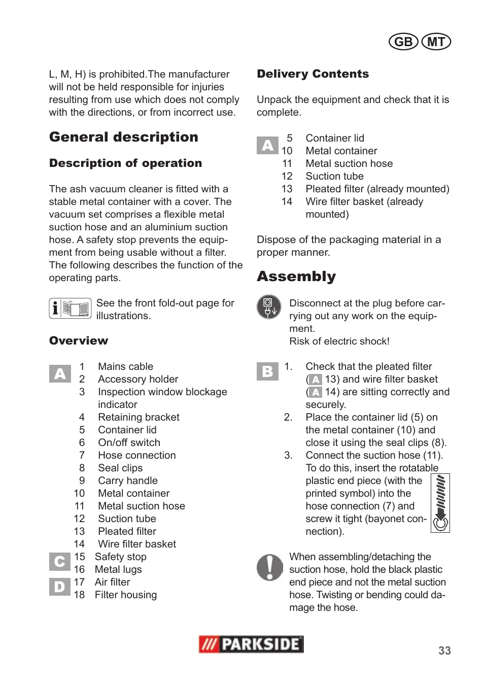 Assembly, General description, Gb mt | Parkside PAS 500 B1 User Manual | Page 33 / 50