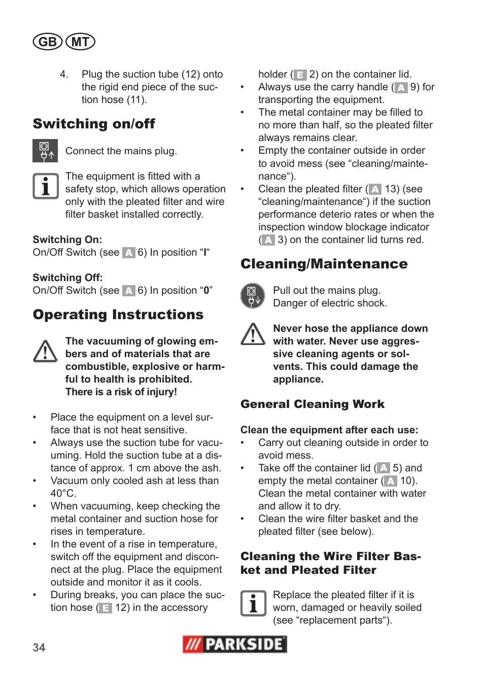 Switching on/off, Operating instructions, Cleaning/maintenance | Gb mt | Parkside PAS 500 B1 User Manual | Page 34 / 50