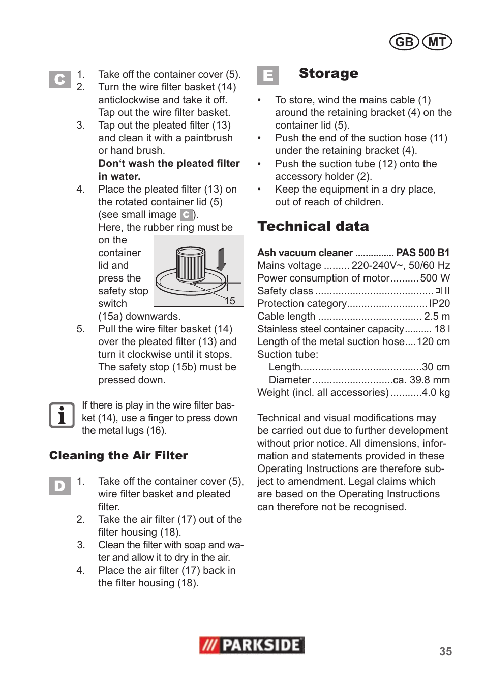 Storage, Technical data, Gb mt | Parkside PAS 500 B1 User Manual | Page 35 / 50