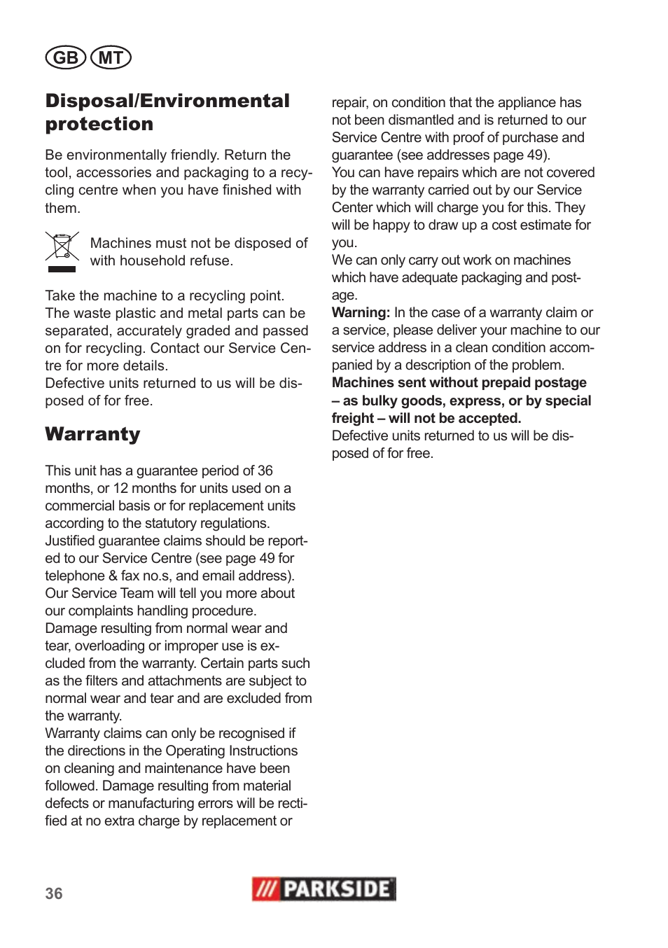 Disposal/environmental protection, Warranty, Gb mt | Parkside PAS 500 B1 User Manual | Page 36 / 50