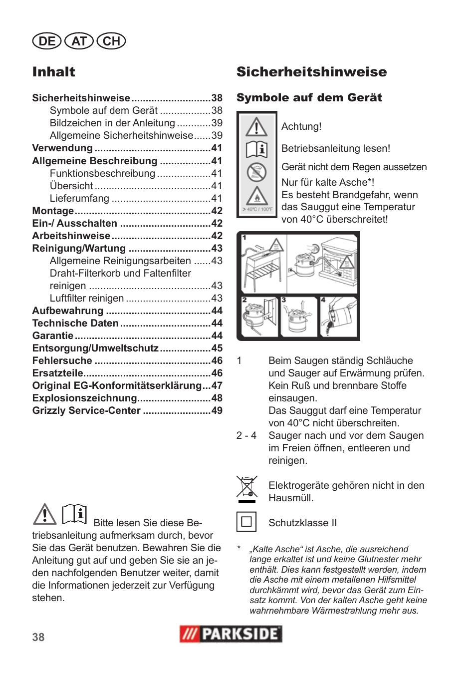 Sicherheitshinweise, Inhalt, De at ch | Parkside PAS 500 B1 User Manual | Page 38 / 50