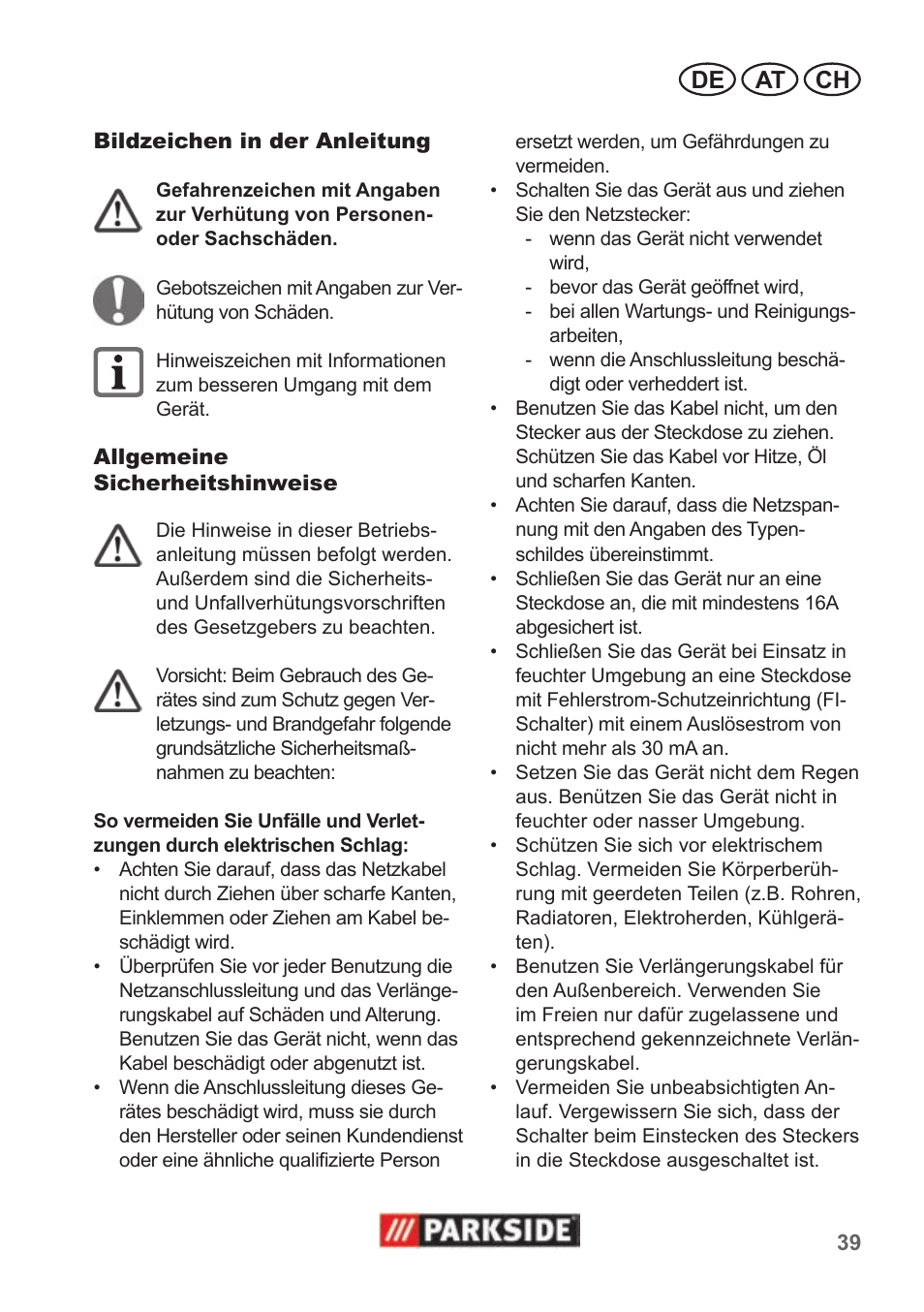 De at ch | Parkside PAS 500 B1 User Manual | Page 39 / 50