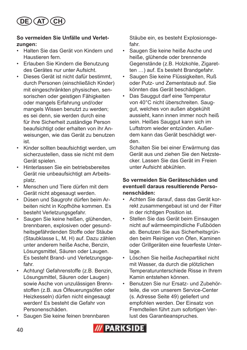 De at ch | Parkside PAS 500 B1 User Manual | Page 40 / 50
