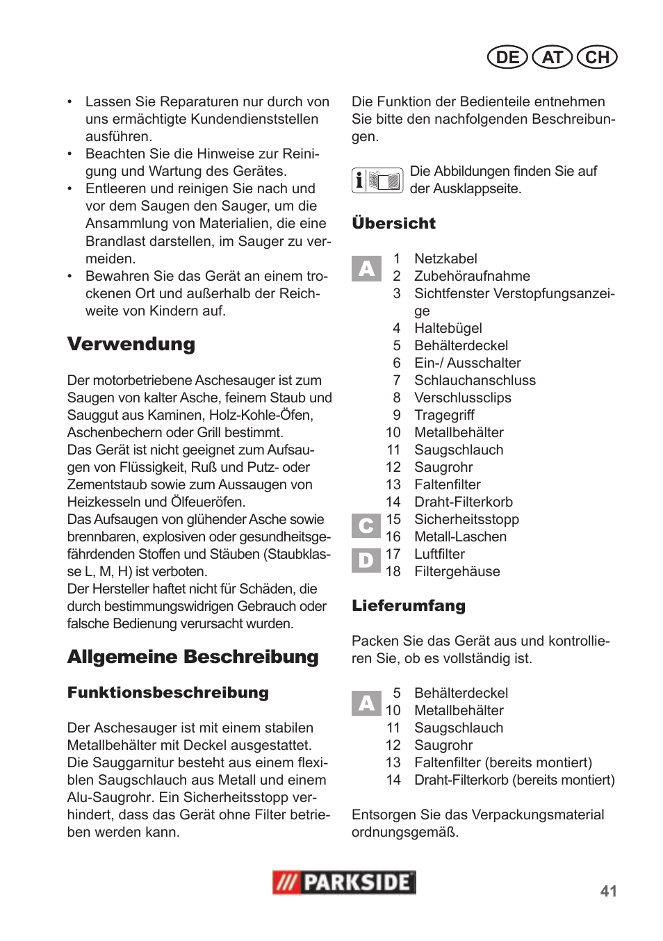 Verwendung, Allgemeine beschreibung, De at ch | Parkside PAS 500 B1 User Manual | Page 41 / 50