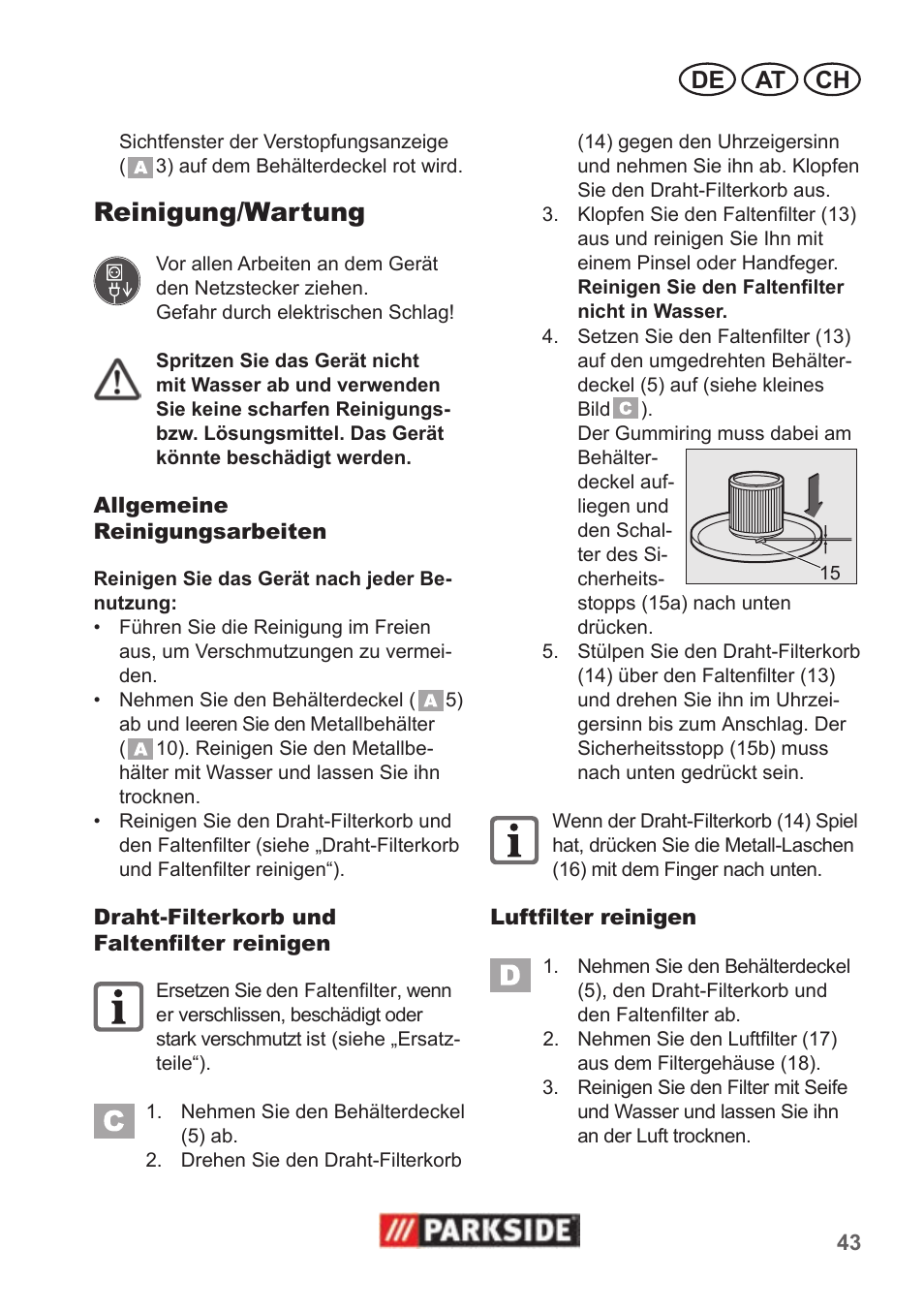 Reinigung/wartung, De at ch | Parkside PAS 500 B1 User Manual | Page 43 / 50