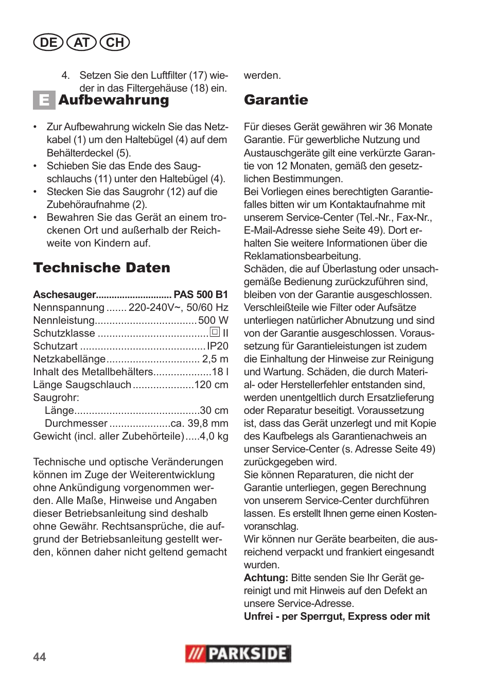 Aufbewahrung, Technische daten, Garantie | De at ch | Parkside PAS 500 B1 User Manual | Page 44 / 50