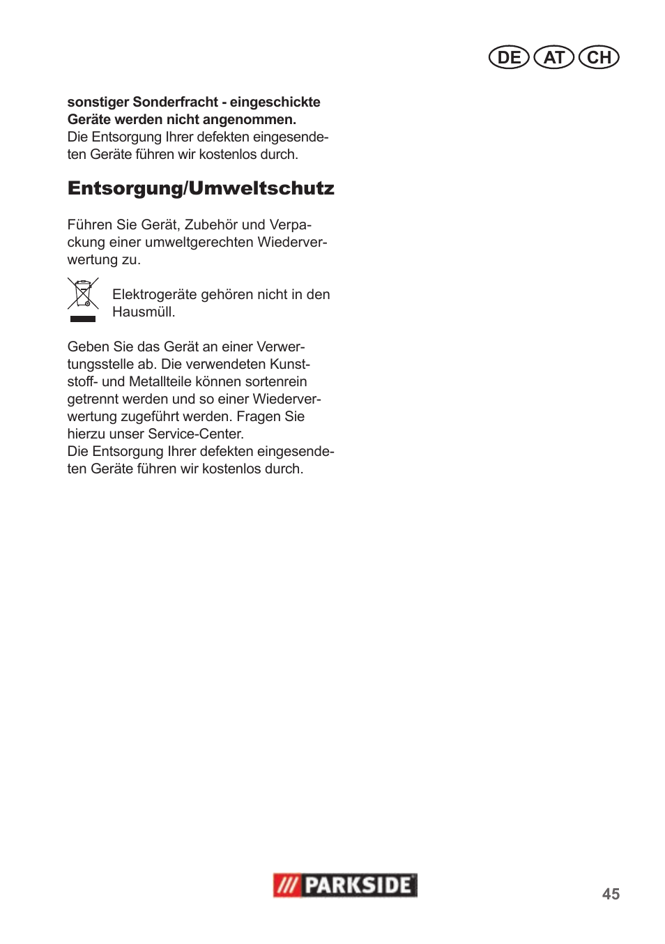 Entsorgung/umweltschutz | Parkside PAS 500 B1 User Manual | Page 45 / 50