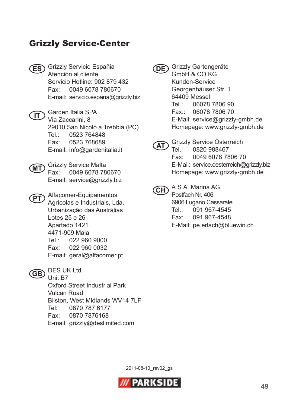 Grizzly service-center | Parkside PAS 500 B1 User Manual | Page 49 / 50