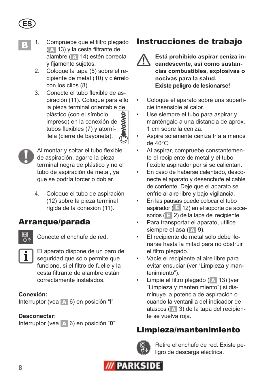 Arranque/parada, Instrucciones de trabajo, Limpieza/mantenimiento | Parkside PAS 500 B1 User Manual | Page 8 / 50