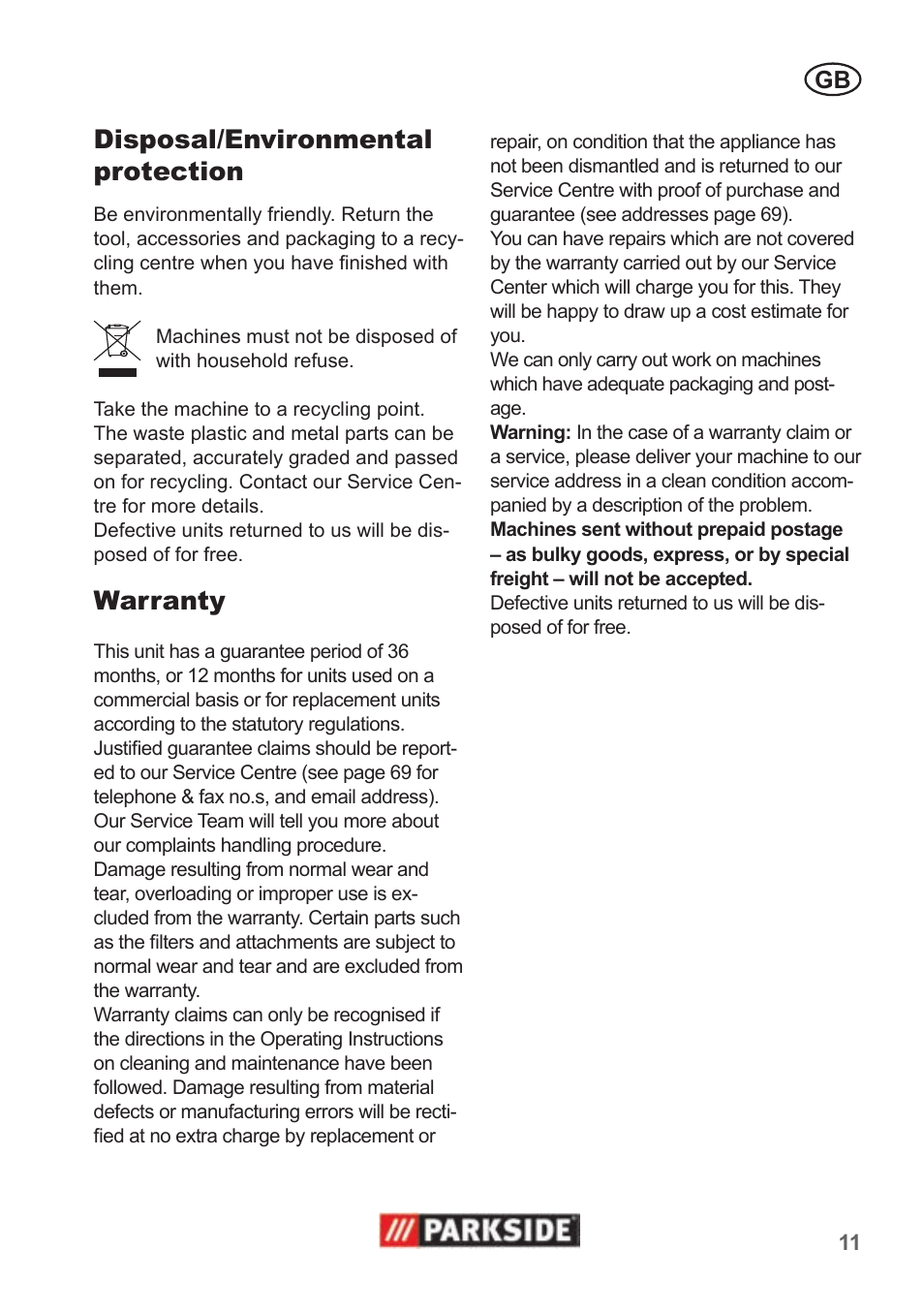 Disposal/environmental protection, Warranty | Parkside PAS 500 B1 User Manual | Page 11 / 70