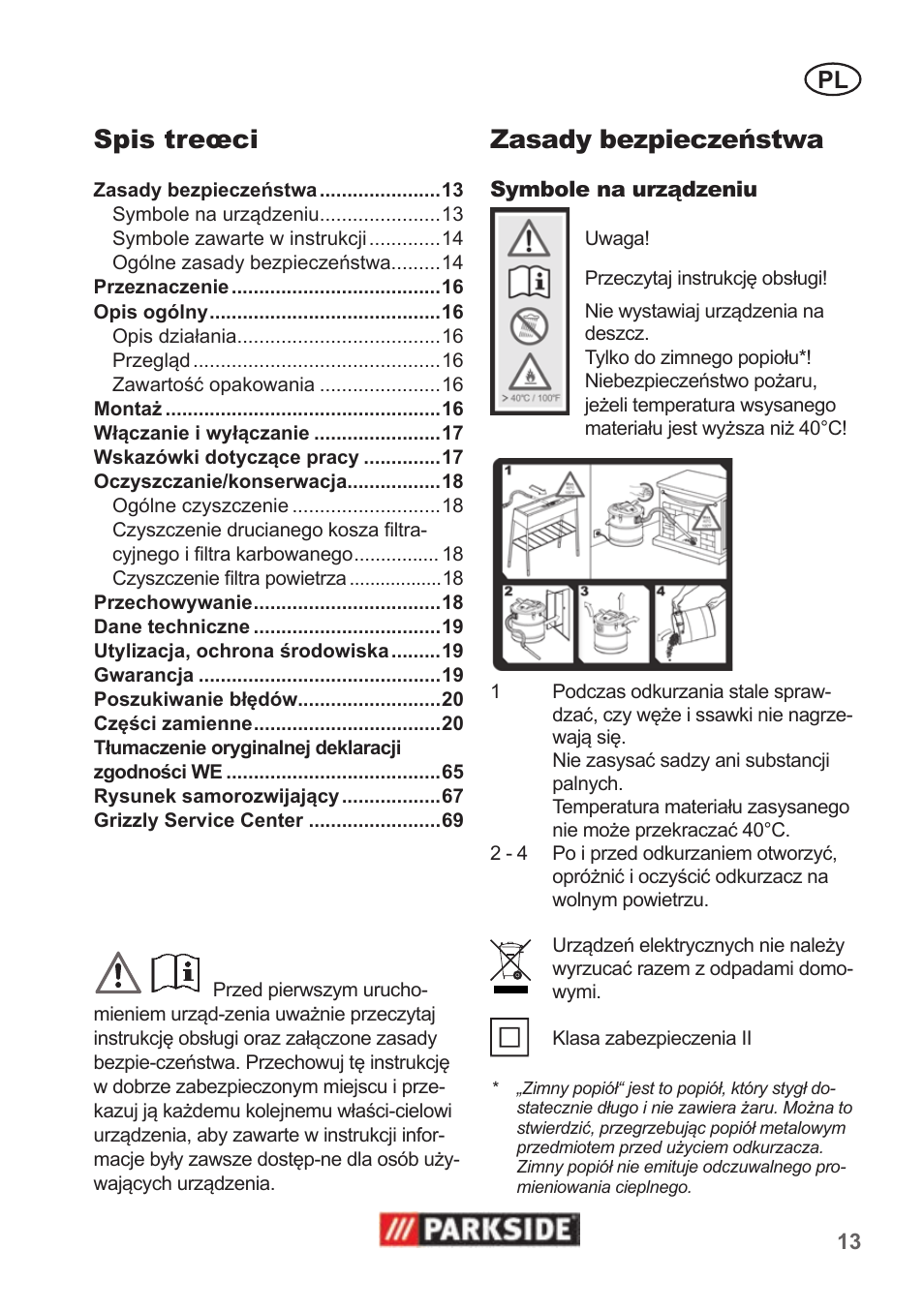 Spis treœci, Zasady bezpieczeństwa | Parkside PAS 500 B1 User Manual | Page 13 / 70