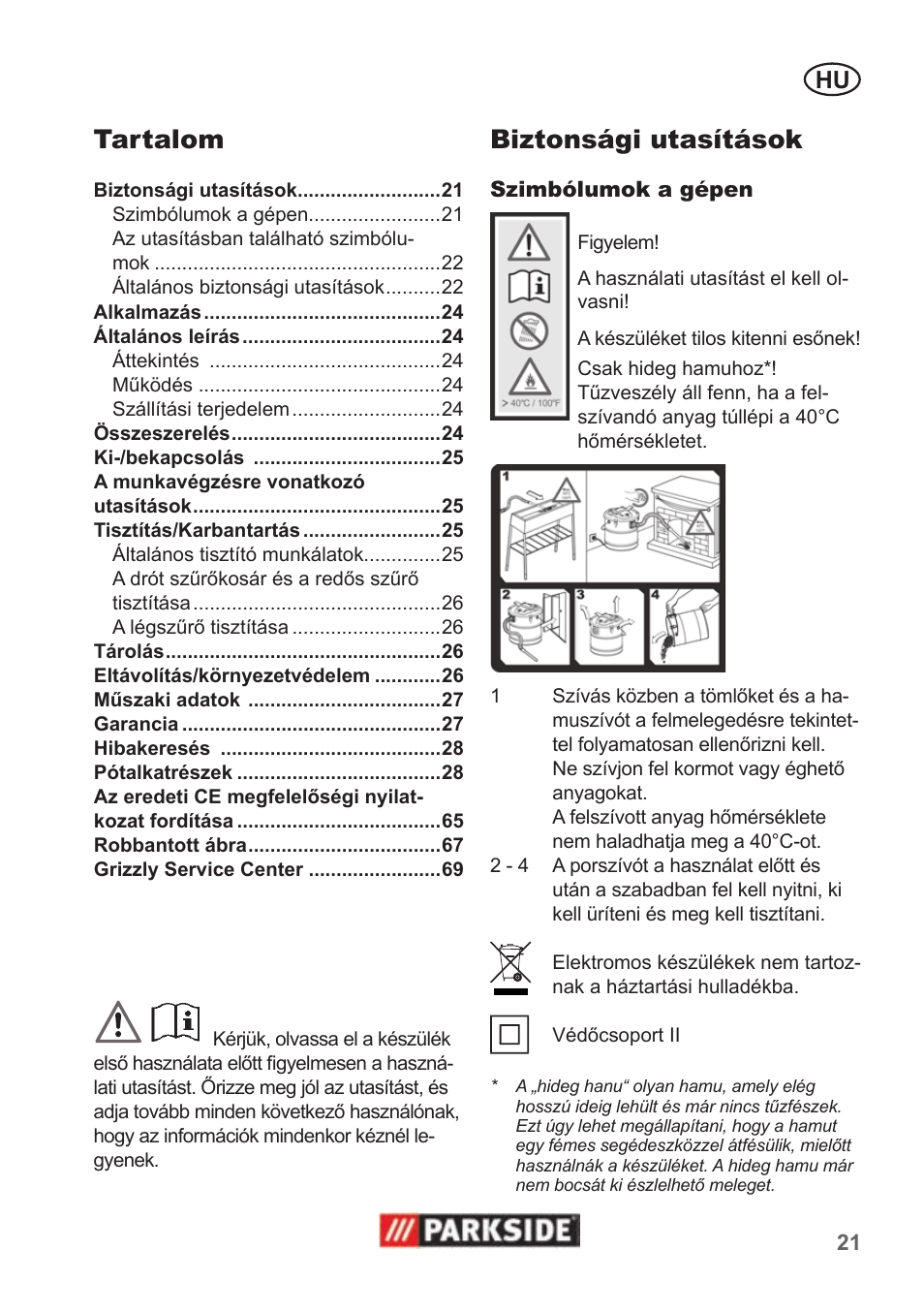 Tartalom, Biztonsági utasítások | Parkside PAS 500 B1 User Manual | Page 21 / 70